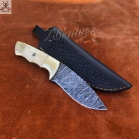 8" Inches HAND FORGED Damascus Steel Skinning Knife + leather sheath ZB Knives Store