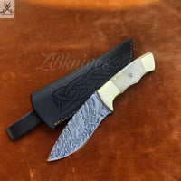 8" Inches HAND FORGED Damascus Steel Skinning Knife + leather sheath ZB Knives Store