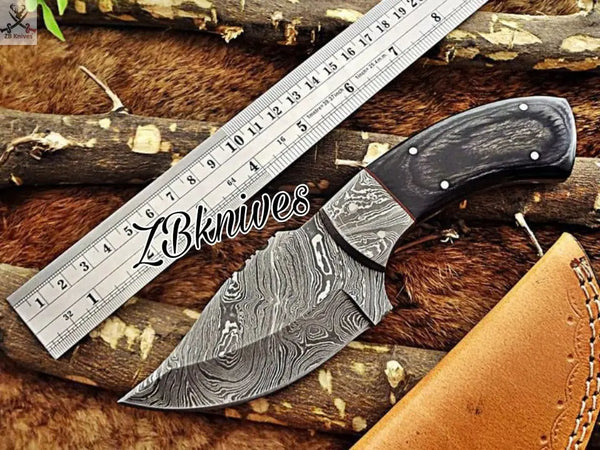 8" Inches HAND FORGED Full Tang Damascus Steel Skinning Knife + leather sheath ZB Knives Store