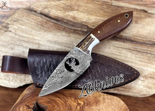 8" Inches HAND FORGED Full Tang Damascus Steel Skinning Knife + leather sheath ZB Knives Store