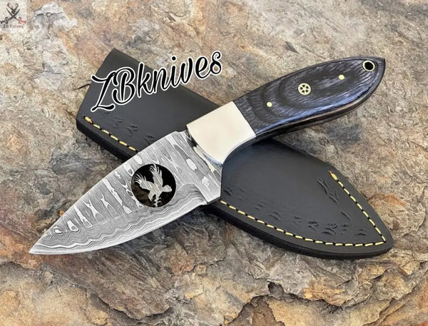 8" Inches HAND FORGED Full Tang Damascus Steel Skinning Knife + leather sheath ZB Knives Store