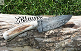 8" Inches HAND FORGED Full Tang Special Feather Damascus Steel Skinning Knife + leather sheath ZB Knives Store