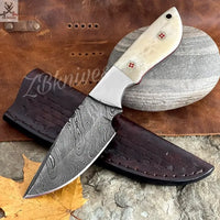 8" inches HAND FORGED Full Tang Damascus Steel Skinning Knife + leather sheath ZB Knives Store