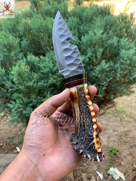 8"HAND FORGED Fixed 1095 High carbon Steel Gut Hook knife+ leather sheath ZB Knives Store