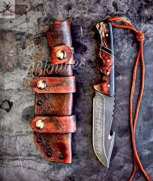 9.5" HAND FORGED Fixed Blade 1095 High Carbon Steel Gut Hook Hunting Knife + leather sheath ZB Knives Store