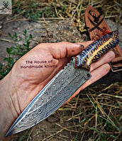 9.5"inches HAND FORGED Full Tang Damascus Steel Hunting Knife + Leather Sheath ZB Knives Store