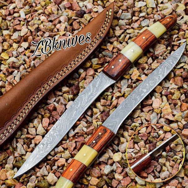 13" Inches HAND FORGED Full Tang Damascus Steel Fishing Fillet Knife + leather sheath