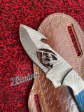 8.25" Inches HAND FORGED Full Tang Damascus Steel Gut Hook Skinning Knife + leather sheath