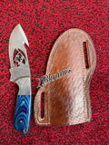 8.25" Inches HAND FORGED Full Tang Damascus Steel Gut Hook Skinning Knife + leather sheath