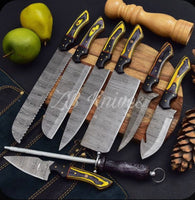 8 PCS HAND FORGED Fixed Blade Damascus Steel Master kitchen, Fillet or gut hook Knives + leather Roll kit