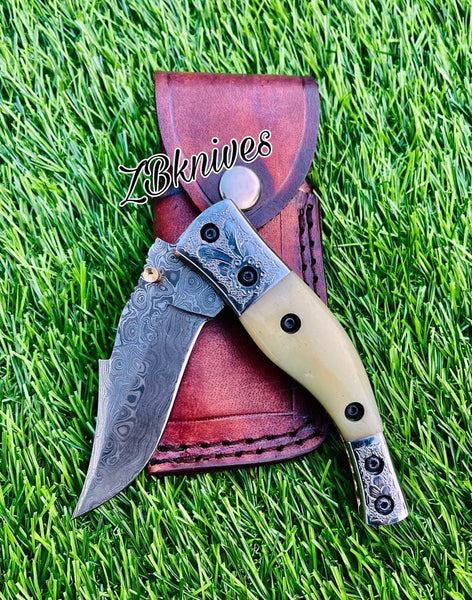 7.5" inches HAND FORGED Damascus Steel Folding Pocket Knife + leather sheath