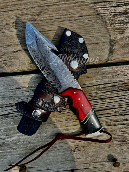 9.5" Inches HAND FORGED Full Tang Special Feather Damascus Steel Gut Hook Hunting Knife+ Leather sheath