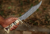 17" Inches HAND FORGED Fixed Blade Damascus Steel Hunting Bowie Knife+ Leather Sheath