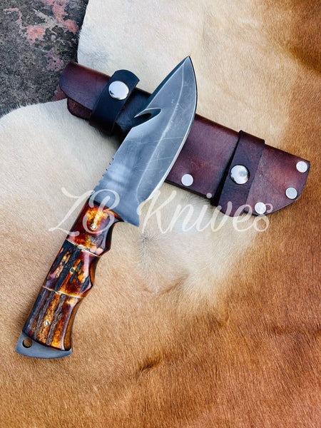 9.5" Inches HAND FORGED Full Tang 1095 High Carbon Steel Guthook Hunting Knife+ Leather Sheath