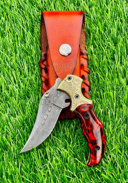 7.5" inches HAND FORGED Damascus Steel Folding Pocket Knife + leather sheath