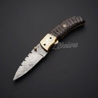7.25" inches HAND FORGED Damascus Steel Folding Pocket Knife + leather sheath