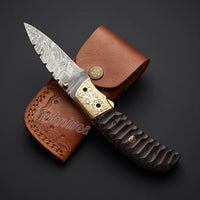 7.25" inches HAND FORGED Damascus Steel Folding Pocket Knife + leather sheath