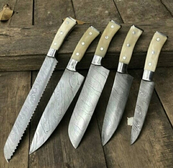 5 PCS HAND FORGED Damascus Steel Kitchen Set knives+ Leather Roll kit