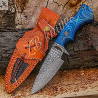 9"inches HAND FORGED Fixed Blade Damascus Steel Hunting skinner Knife + Leather Sheath ZB Knives Store