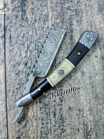 Beautiful HAND FORGED Damascus Steel Straight Razor knife + leather sheath ZB Knives Store