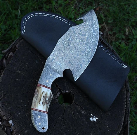 Full Tang Custom Handmade Raindrop Damascus Steel Guthook Skinner knife - ZB Knives Store