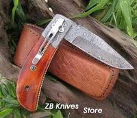 7.5" inches HAND FORGED Damascus Steel Folding Pocket Knife + Leather Sheath