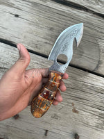 8.5" Inches HAND FORGED Damascus Steel Gut Hook Skinning knife+ Leather sheath