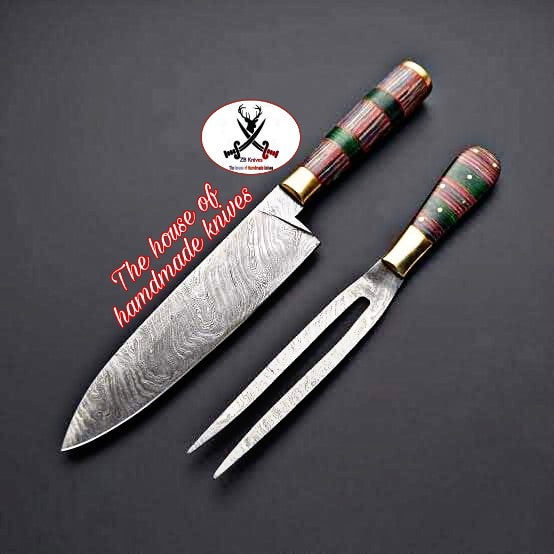 Custom Handmade Damascus Steel chef knife with fork - ZB Knives Store
