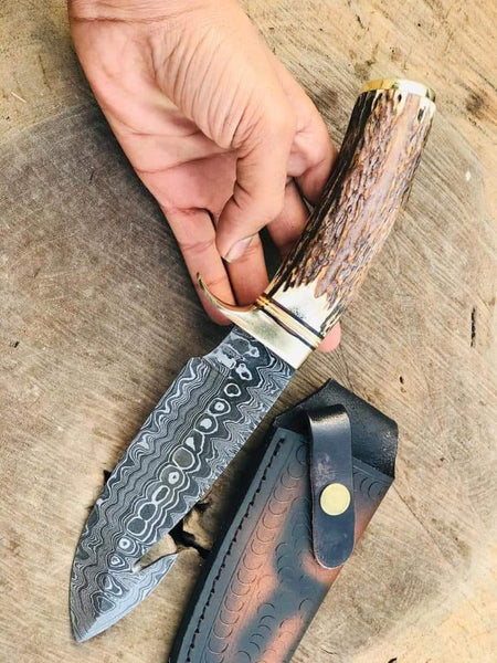 9.5" inches HAND FORGED Full Tang Damascus Steel Gut Hook Skinning Knife + Leather Sheath