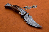7.5" Inches HAND FORGED Damascus Steel Folding Pocket Knife + leather sheath
