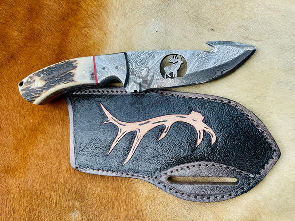 7.5 Hand Forged Damascus Steel Gut Hook Skinning Knife, Natural Bone Scale  Handle , Full Tang Blade Twist Pattern Drop Point Hunting Blade, Cow Hide  Leather Sheath
